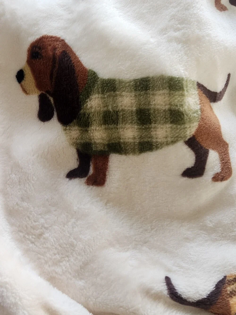 Cream Plush Throw Blanket with Plaid Dachshund Design